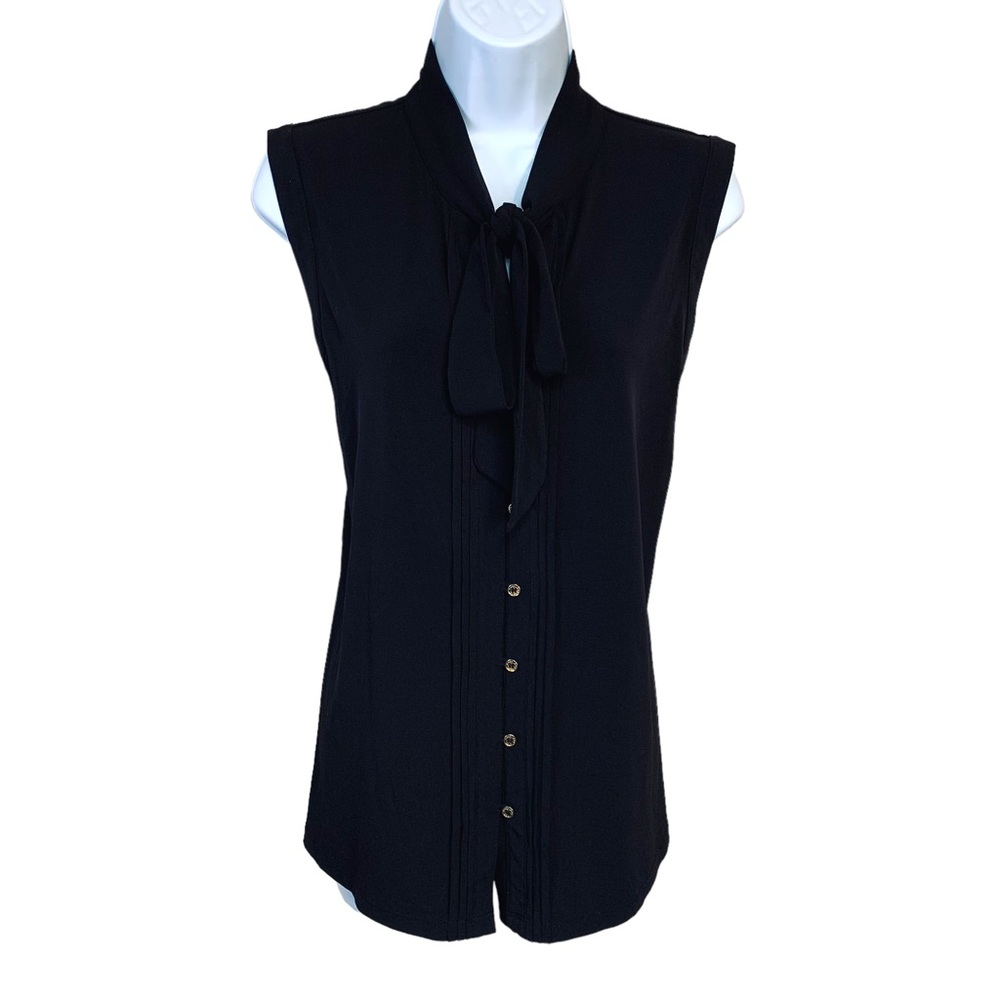 Large Marc New York Black Short Sleeve Blouse Bow Neckline Stretch